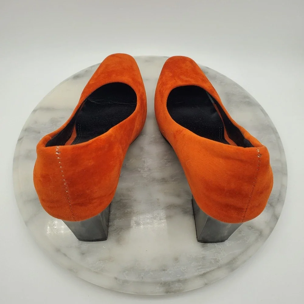 Vibrant Orange Suede Block Heel Pumps Round Toe Chunky High Heels Women Sz 6.5-7